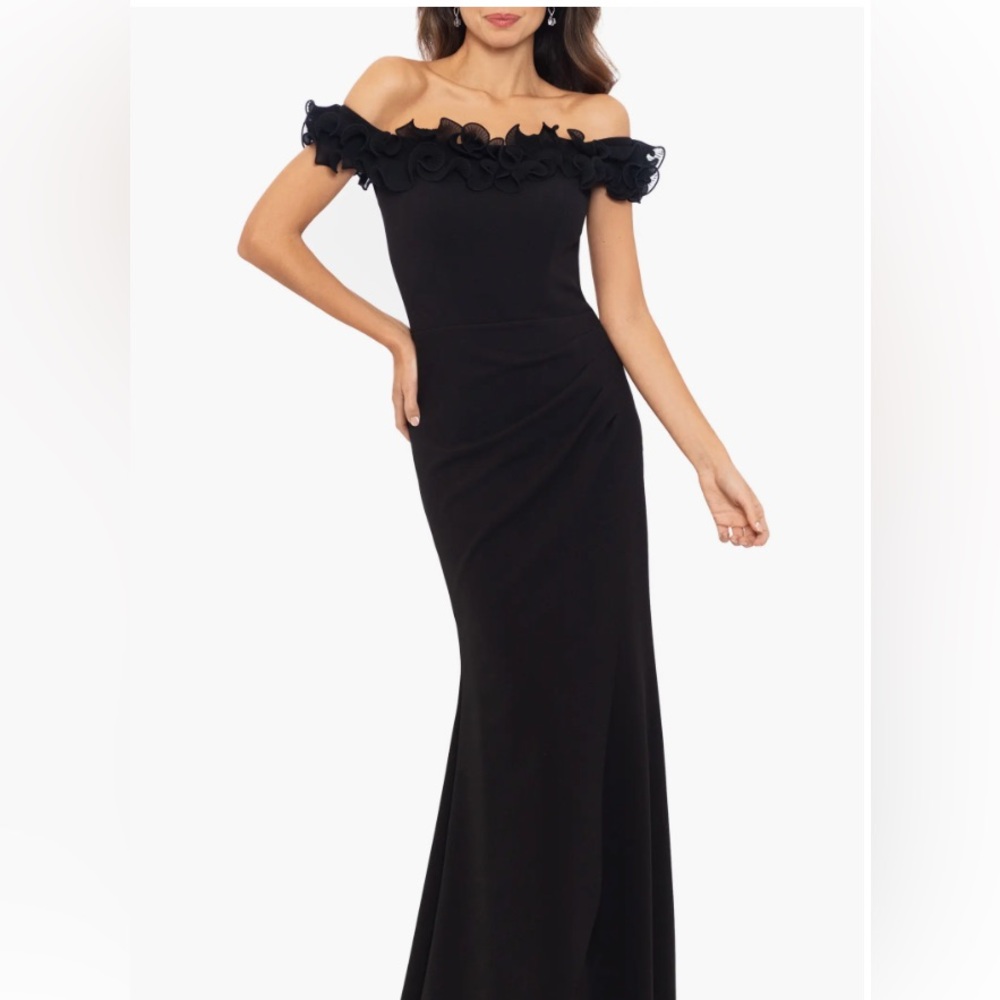 Xscape Evenings Ruffle Off-Shoulder Black Gown Dress